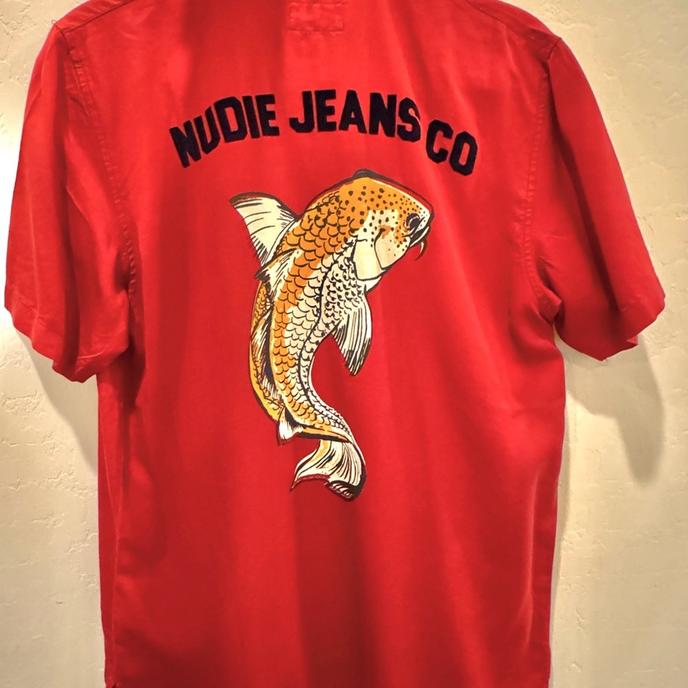 New with tags Nudie Jeans Co Red Shirt with Koi Fish Graphic